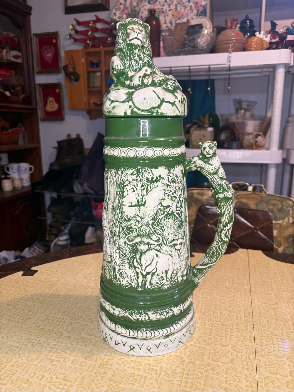 Vintage Green Ceramic Lion-Top Beer Stein - Home Art